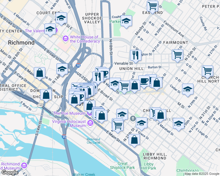 map of restaurants, bars, coffee shops, grocery stores, and more near 1902 Princess Anne Avenue in Richmond