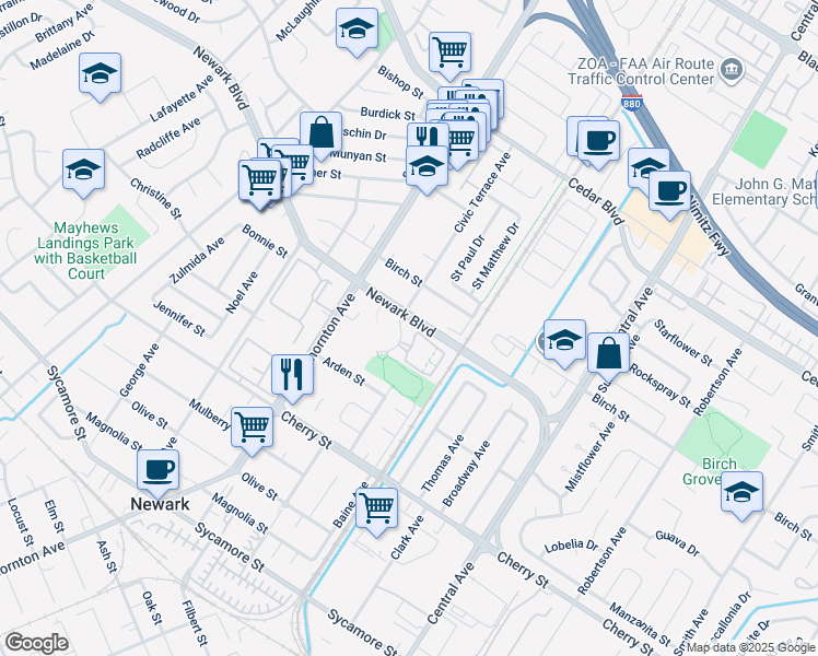map of restaurants, bars, coffee shops, grocery stores, and more near 6066 Newark Boulevard in Newark