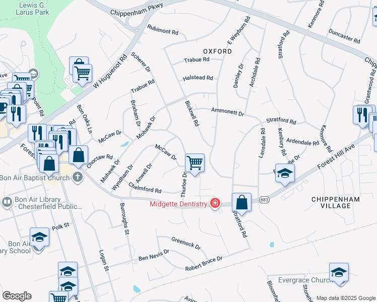 map of restaurants, bars, coffee shops, grocery stores, and more near 2801 Thurloe Drive in Richmond