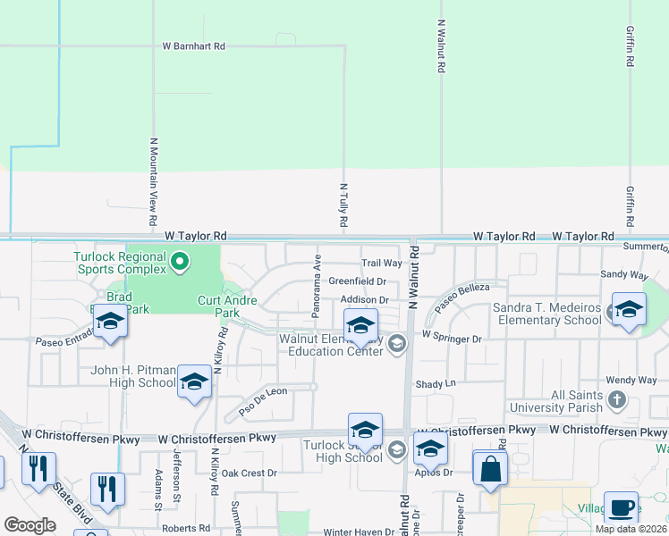 map of restaurants, bars, coffee shops, grocery stores, and more near 1931 Trail Way in Turlock