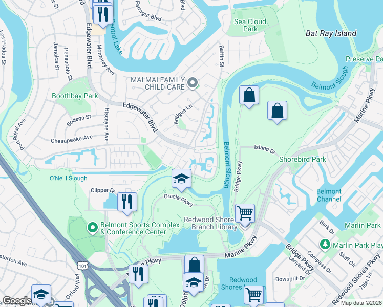 map of restaurants, bars, coffee shops, grocery stores, and more near 513 Saint Vincent Lane in Foster City