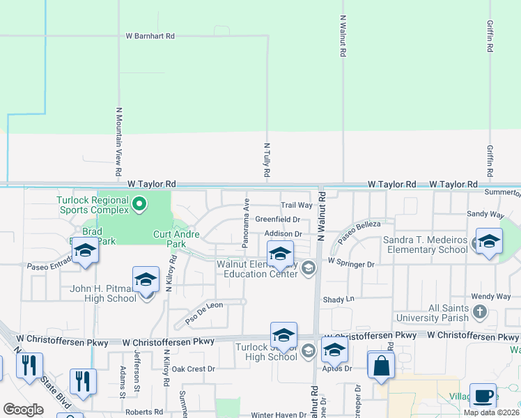 map of restaurants, bars, coffee shops, grocery stores, and more near 1931 Trail Way in Turlock