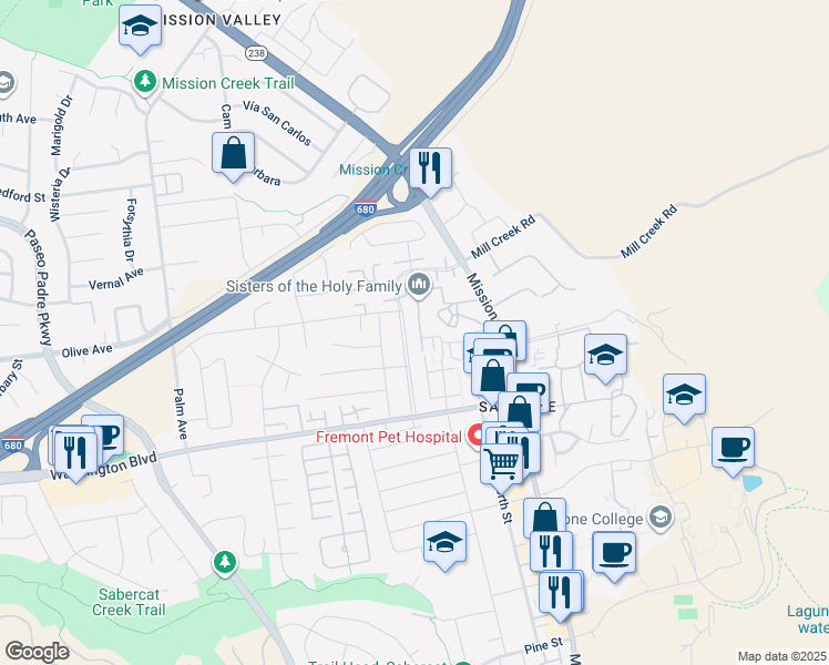 map of restaurants, bars, coffee shops, grocery stores, and more near 43110 Starr Street in Fremont