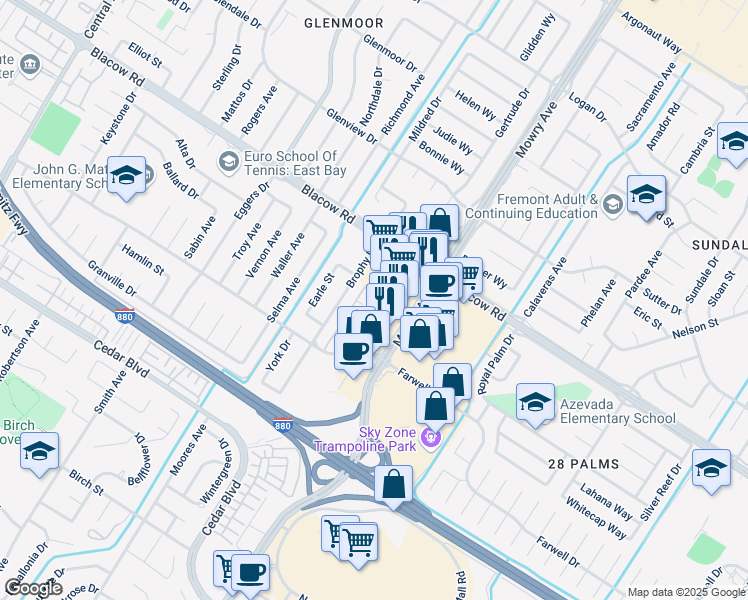 map of restaurants, bars, coffee shops, grocery stores, and more near 5115 Mowry Avenue in Fremont