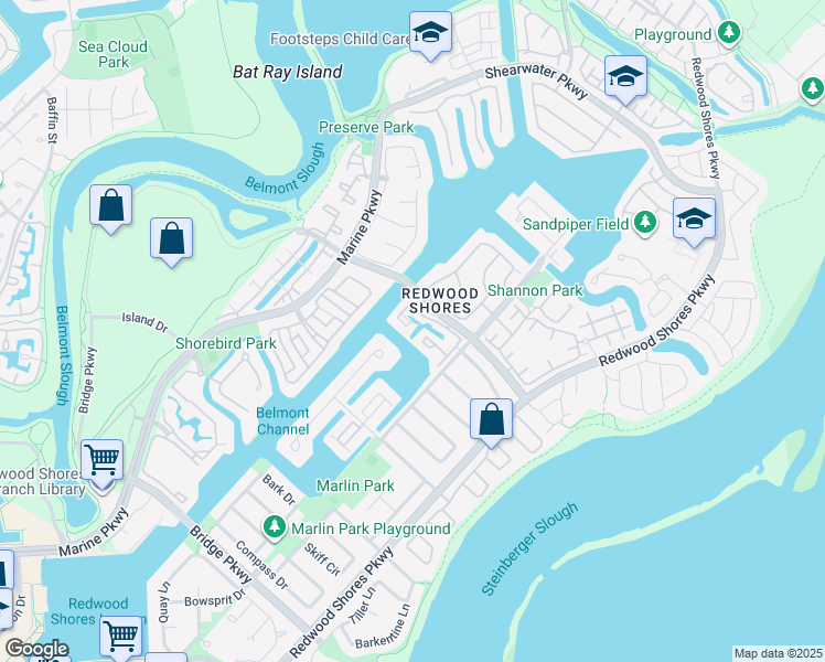 map of restaurants, bars, coffee shops, grocery stores, and more near 12 Cape Hatteras Court in Redwood City