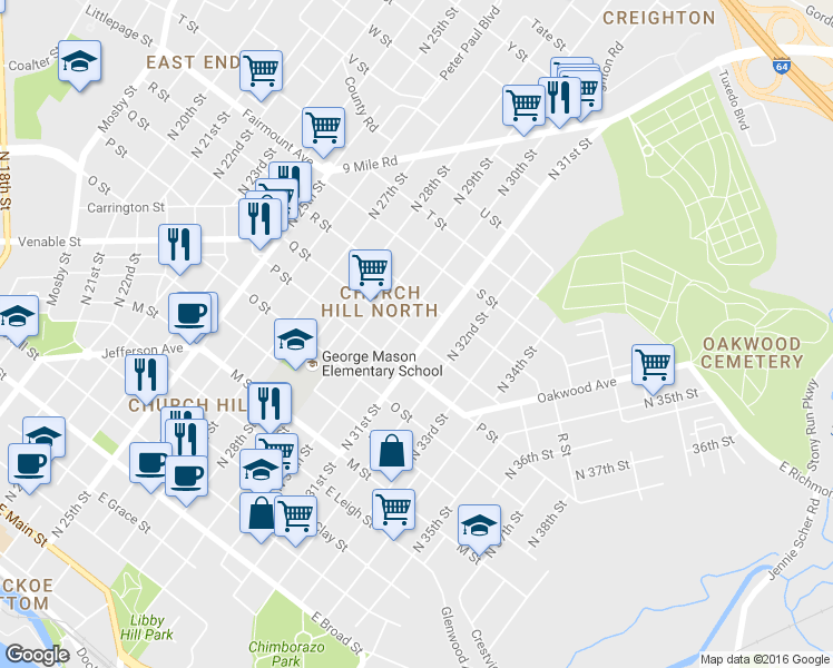 map of restaurants, bars, coffee shops, grocery stores, and more near 1110 1/2 North 30th Street in Richmond