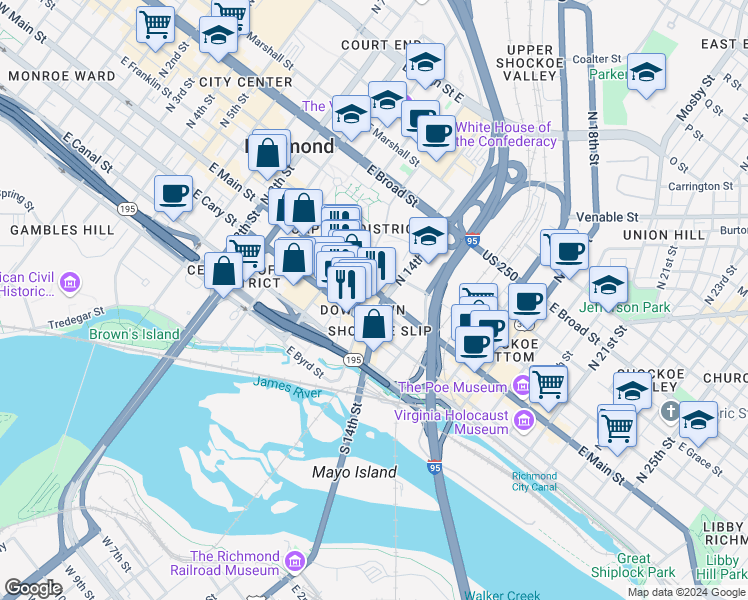 map of restaurants, bars, coffee shops, grocery stores, and more near 1301 East Main Street in Richmond