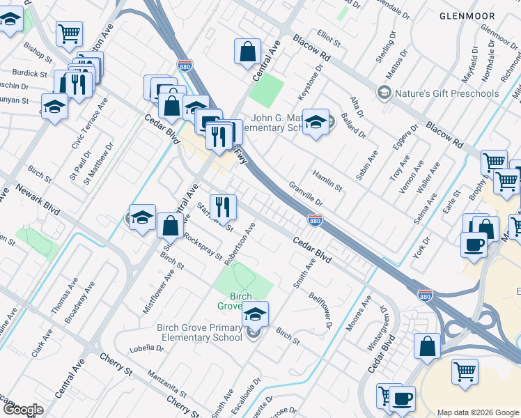 map of restaurants, bars, coffee shops, grocery stores, and more near 5508 Azalea Way in Newark