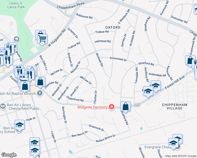 map of restaurants, bars, coffee shops, grocery stores, and more near 2801 Thurloe Drive in Richmond