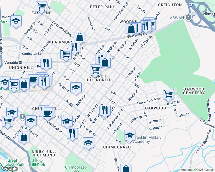 map of restaurants, bars, coffee shops, grocery stores, and more near 3014 Q Street in Richmond