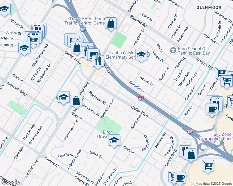 map of restaurants, bars, coffee shops, grocery stores, and more near 5508 Azalea Way in Newark