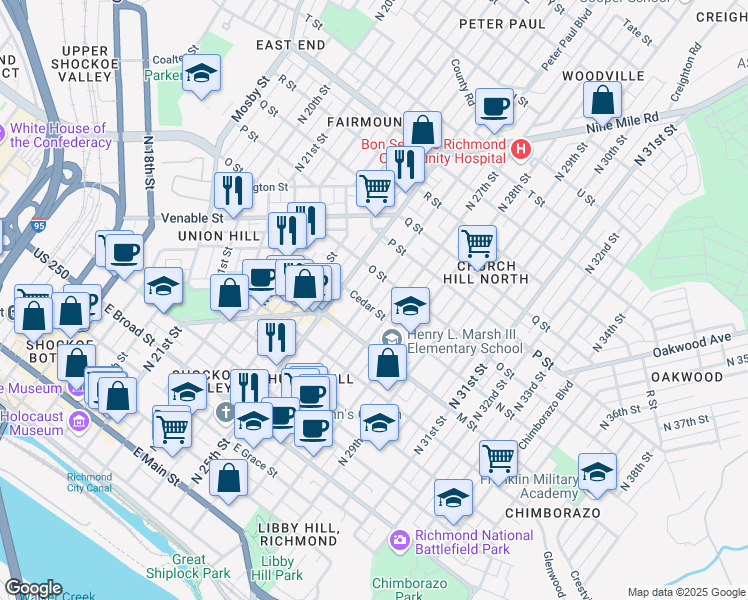 map of restaurants, bars, coffee shops, grocery stores, and more near 805 North 26th Street in Richmond