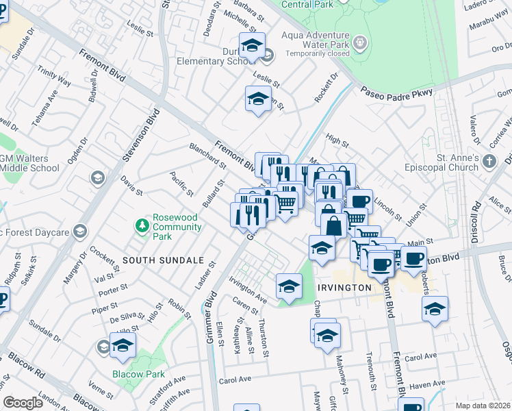 map of restaurants, bars, coffee shops, grocery stores, and more near 4102 Eugene Street in Fremont
