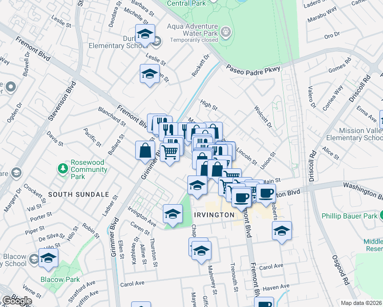 map of restaurants, bars, coffee shops, grocery stores, and more near 3972 Clough Avenue in Fremont
