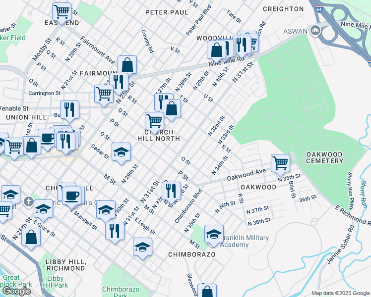 map of restaurants, bars, coffee shops, grocery stores, and more near 1133 North 31st Street in Richmond