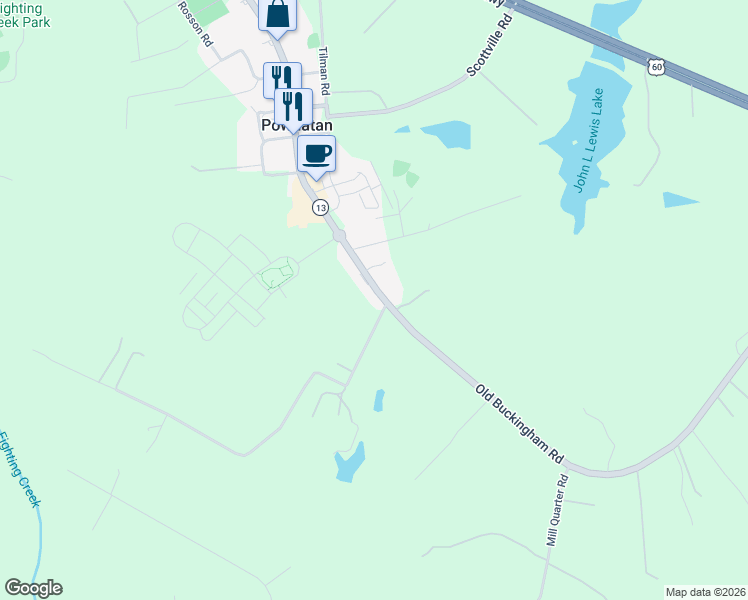 map of restaurants, bars, coffee shops, grocery stores, and more near 3829 Virginia 13 in Powhatan