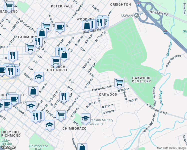 map of restaurants, bars, coffee shops, grocery stores, and more near 1300 North 34th Street in Richmond