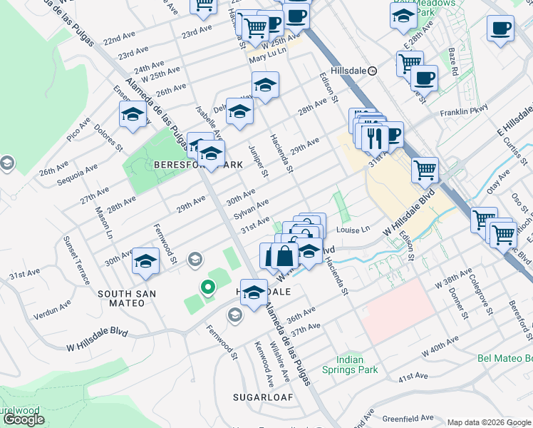map of restaurants, bars, coffee shops, grocery stores, and more near 348 31st Avenue in San Mateo