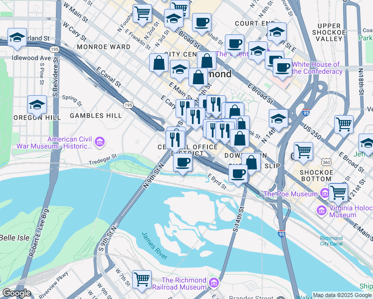 map of restaurants, bars, coffee shops, grocery stores, and more near in Richmond
