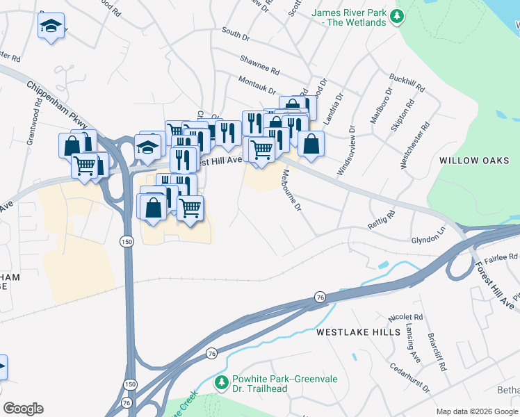map of restaurants, bars, coffee shops, grocery stores, and more near 2619 Granite Hill Circle in Richmond