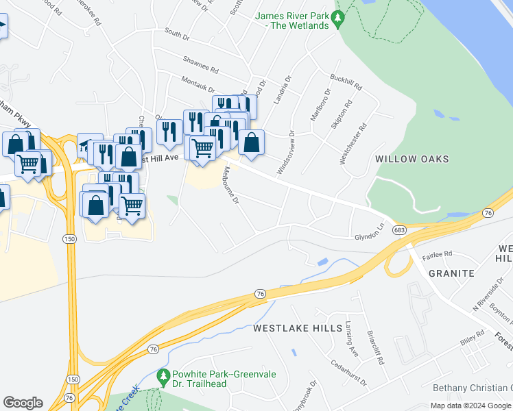 map of restaurants, bars, coffee shops, grocery stores, and more near 6631 Wexford Lane in Richmond