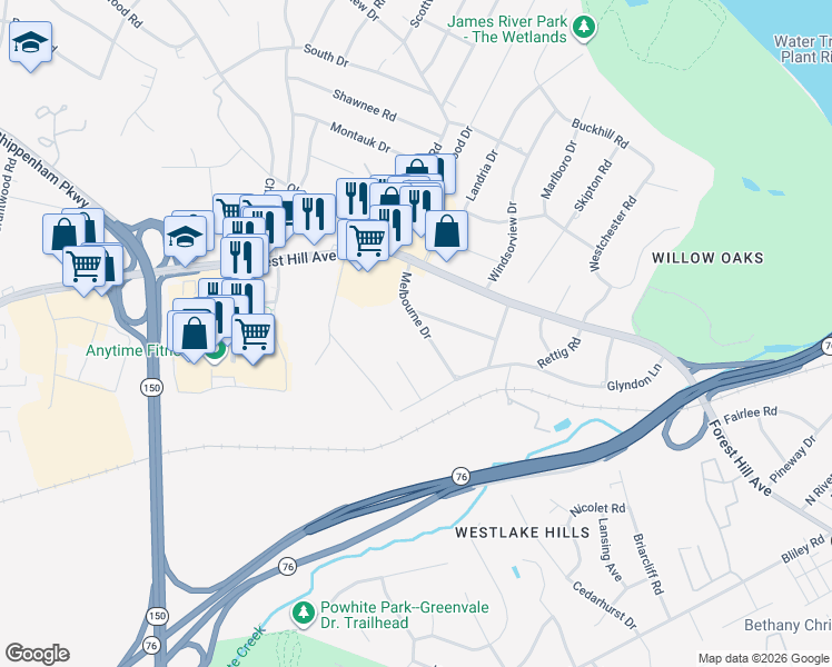map of restaurants, bars, coffee shops, grocery stores, and more near 2656 Melbourne Drive in Richmond