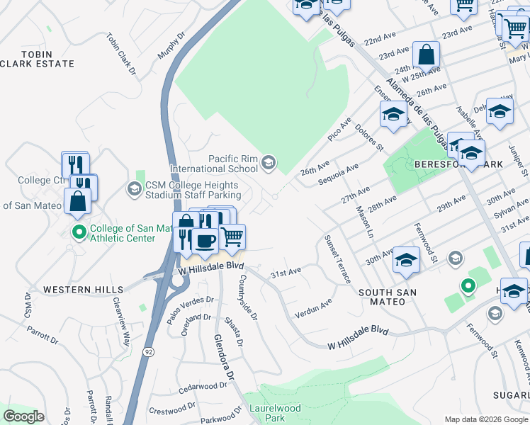 map of restaurants, bars, coffee shops, grocery stores, and more near 2312 Red Oak Court in San Mateo