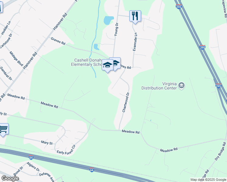 map of restaurants, bars, coffee shops, grocery stores, and more near 2006 Chartwood Lane in Sandston