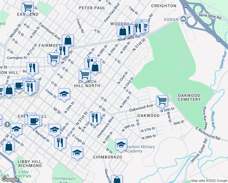 map of restaurants, bars, coffee shops, grocery stores, and more near 1201 North 32nd Street in Richmond