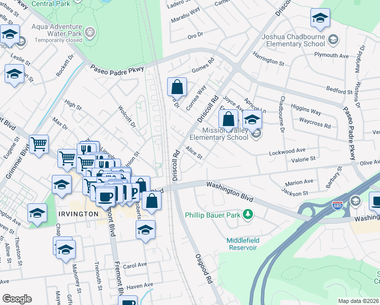 map of restaurants, bars, coffee shops, grocery stores, and more near 41331 Beatrice Street in Fremont