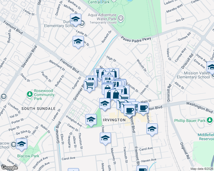 map of restaurants, bars, coffee shops, grocery stores, and more near 40753 Squill Common in Fremont