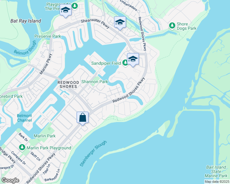 map of restaurants, bars, coffee shops, grocery stores, and more near 9 Avocet Drive in Redwood City