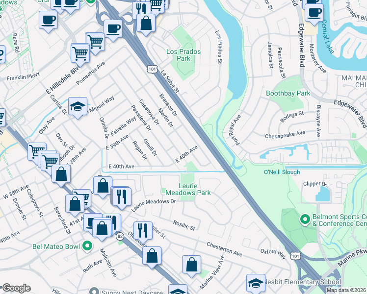 map of restaurants, bars, coffee shops, grocery stores, and more near 3988 Branson Drive in San Mateo