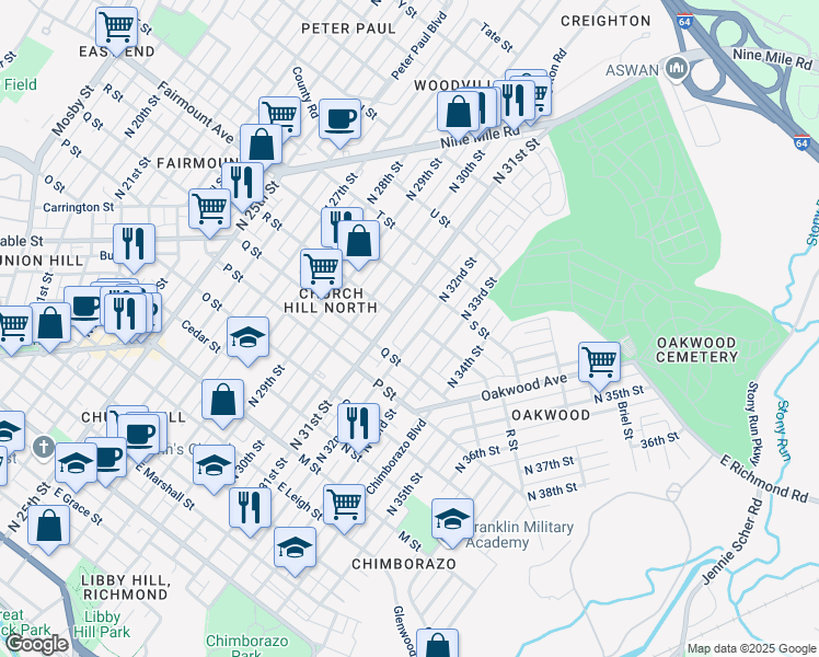map of restaurants, bars, coffee shops, grocery stores, and more near 1133 North 31st Street in Richmond
