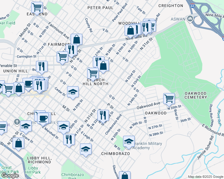 map of restaurants, bars, coffee shops, grocery stores, and more near 1117 North 31st Street in Richmond