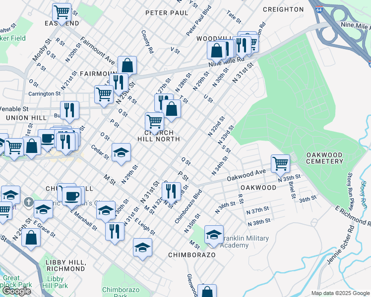 map of restaurants, bars, coffee shops, grocery stores, and more near 1133 North 31st Street in Richmond
