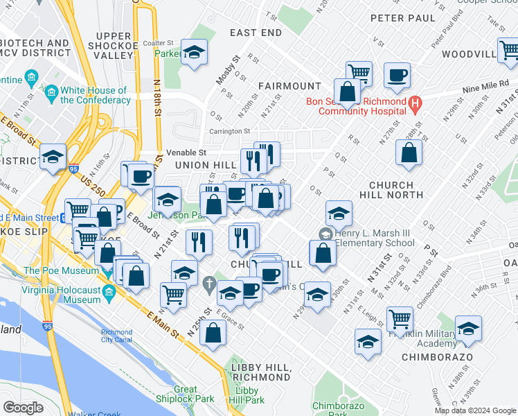 map of restaurants, bars, coffee shops, grocery stores, and more near 702 North 24th Street in Richmond