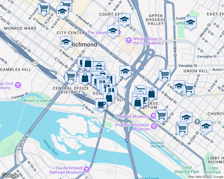 map of restaurants, bars, coffee shops, grocery stores, and more near 1 North 14th Street in Richmond