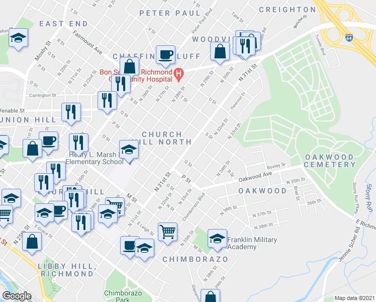 map of restaurants, bars, coffee shops, grocery stores, and more near 1117 North 31st Street in Richmond