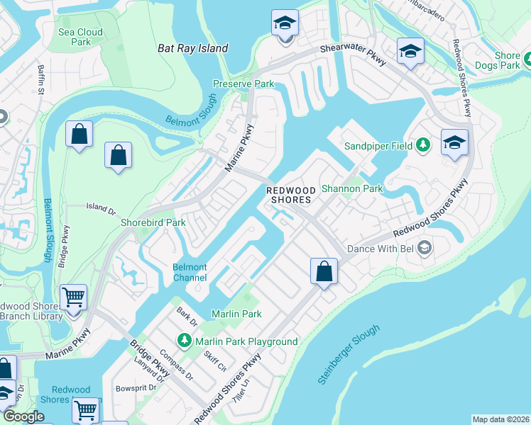 map of restaurants, bars, coffee shops, grocery stores, and more near 12 Cape Hatteras Court in Redwood City