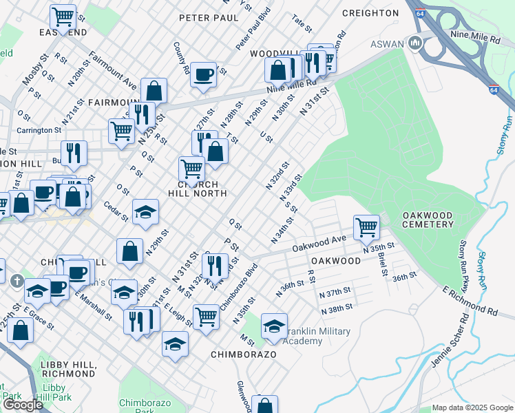 map of restaurants, bars, coffee shops, grocery stores, and more near 1201 North 32nd Street in Richmond