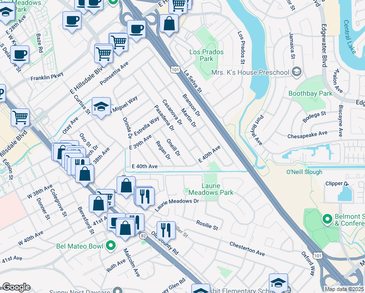 map of restaurants, bars, coffee shops, grocery stores, and more near 3956 Pasadena Drive in San Mateo