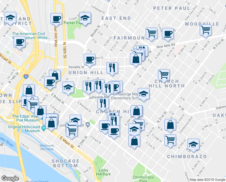 map of restaurants, bars, coffee shops, grocery stores, and more near 701 North 24th Street in Richmond