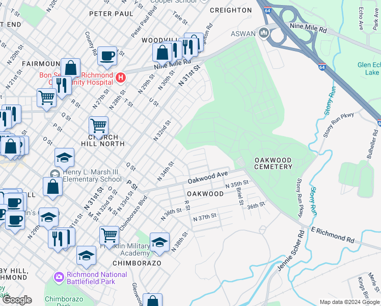 map of restaurants, bars, coffee shops, grocery stores, and more near 1308 T Street in Richmond