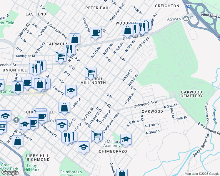 map of restaurants, bars, coffee shops, grocery stores, and more near 1121 North 31st Street in Richmond