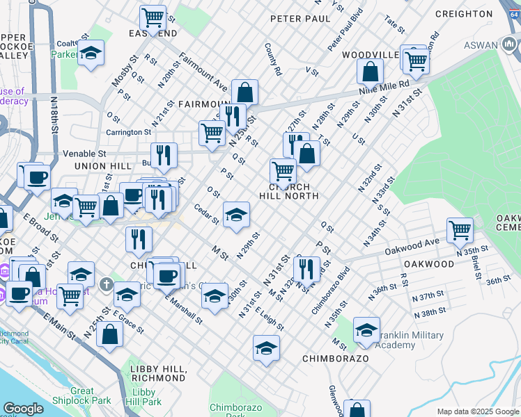 map of restaurants, bars, coffee shops, grocery stores, and more near 907 North 28th Street in Richmond