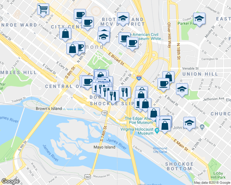 map of restaurants, bars, coffee shops, grocery stores, and more near 1 North 14th Street in Richmond