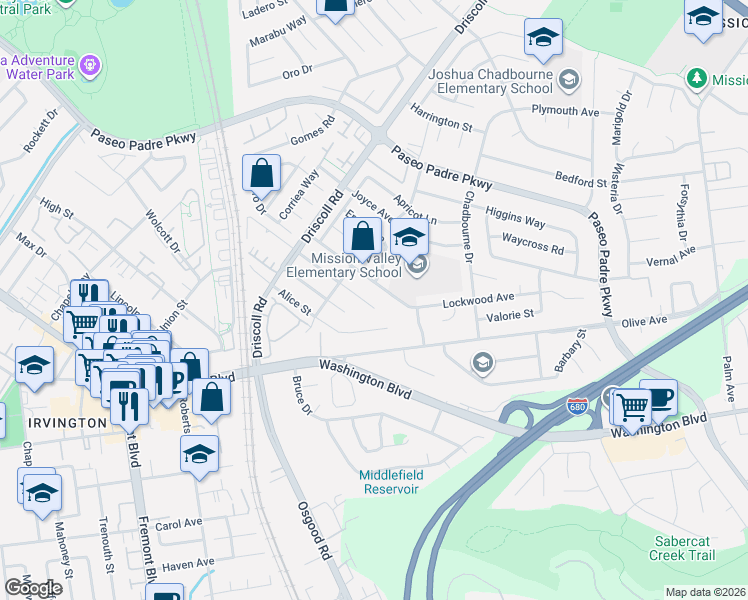 map of restaurants, bars, coffee shops, grocery stores, and more near 41575 Denise Street in Fremont