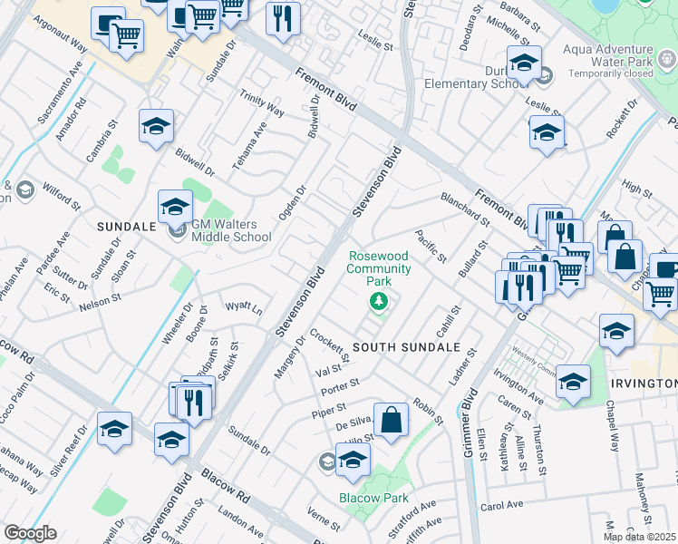 map of restaurants, bars, coffee shops, grocery stores, and more near 4353 Margery Drive in Fremont