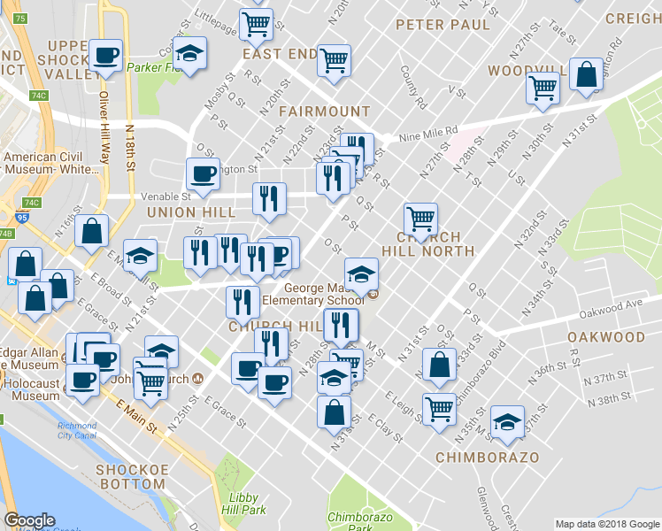 map of restaurants, bars, coffee shops, grocery stores, and more near 809 North 26th Street in Richmond